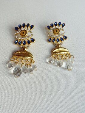 🆕️ Schiaparelli Evil Eye Crystal Drop Statement Earrings Blue NWOT